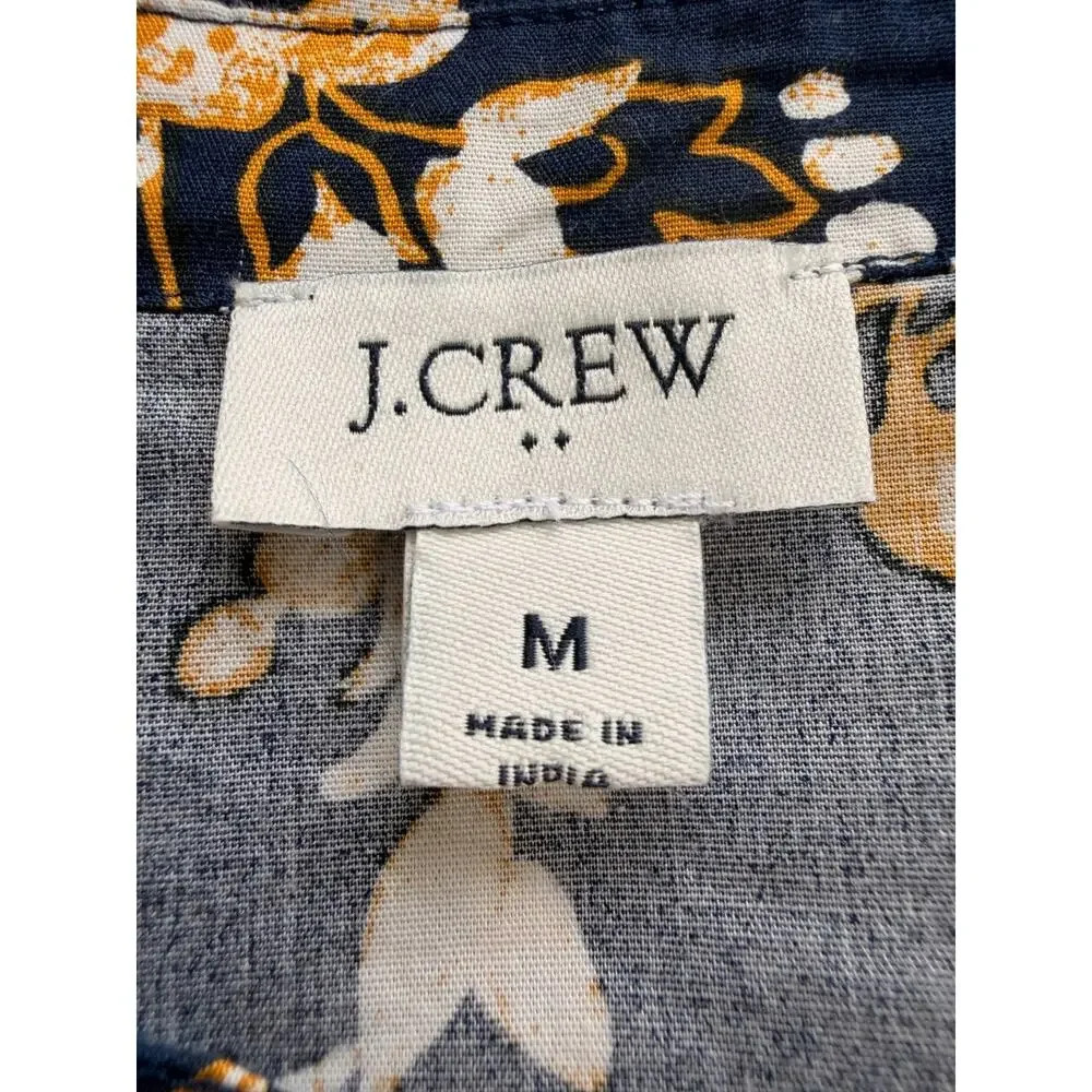 J.Crew Floral Ruffle Blouse Medium Navy Blue Cotton Button Front Classic Top